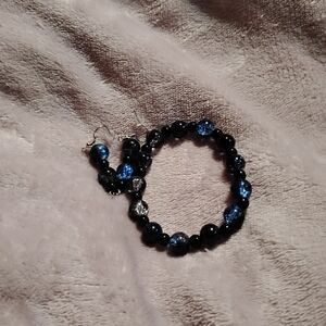 Handmade pretty dark blue and blue colored two peice glass beaded jewelry set